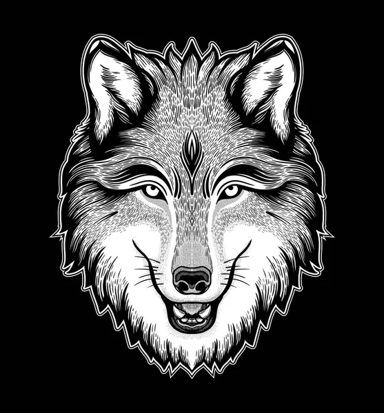 The head of a wolf. Dreamy magic art. Night, nature, wicca symbol. Isolated vector illustration. Great outdoors, tattoo design. — Stock Vector
