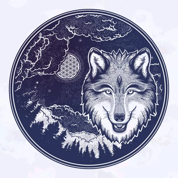 Porträtt av en varg på en bakgrund av bergslandskapet. Drömmande magisk konst. Natt, natur, Wicca symbol. Isolerad vektor illustration. Stor utomhus, tatuering och t-shirt design. — Stock vektor