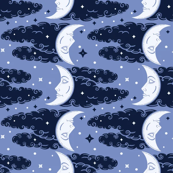 En måne på en mulen himmelsdekoration. Etnisk dekorativ sömlös mönster. Vintage vektor tapet, dekorativ vektor konst. — Stock vektor