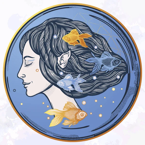 Πορτοφόλι νεαρής νεράιδας με χρυσά ψάρια. Μαγική νύμφη του ποταμού, μυστηριώδης χαρακτήρας από ιστορίες γοργόνας. Απομονωμένη διανυσματική απεικόνιση. — Διανυσματικό Αρχείο