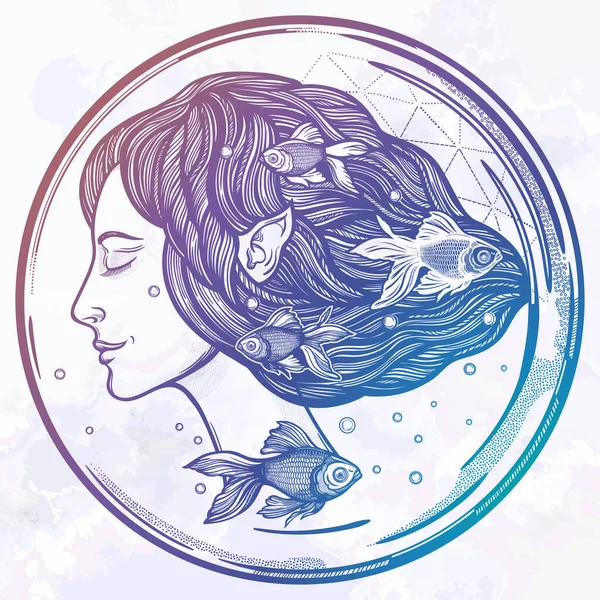 Portret de hada joven con peces de oro. Ninfa mágica del río, personaje misterioso de cuentos de sirena. Ilustración vectorial aislada . — Archivo Imágenes Vectoriales