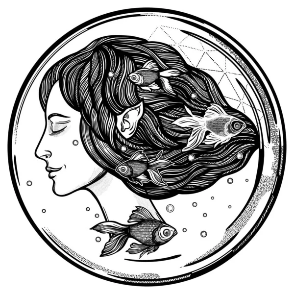 Portret de hada joven con peces de oro. Ninfa mágica del río, personaje misterioso de cuentos de sirena. Ilustración vectorial aislada . — Archivo Imágenes Vectoriales