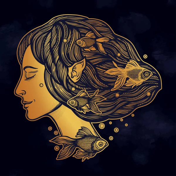 Portret de hada joven con peces de oro. Ninfa mágica del río, personaje misterioso de cuentos de sirena. Ilustración vectorial aislada . — Archivo Imágenes Vectoriales