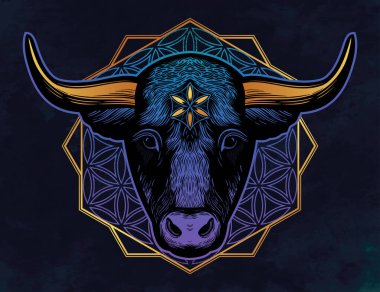 OrnateTaurus Zodiac Yıldız İşareti. Uyumun sembolü, yeni yılda şans. Vektör illüstrasyonu izole edildi. Dövme için ruhani sanat.