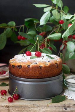 Kirazlı turta, kiraz dallar bir arka plan üzerinde ahşap bir masa üzerine pudra şekeri serpilir. Rustik tarzı, seçici odak.