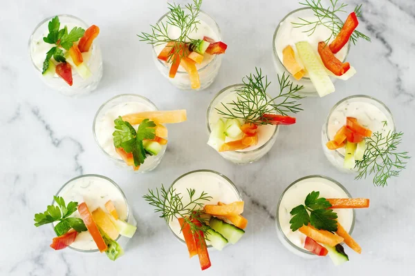 Snack Glass Fresh Cream Various Vegetables Light Background Selective Focus — Stock Photo, Image