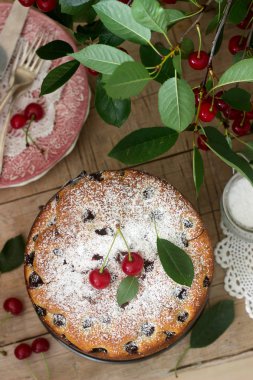Kirazlı turta, kiraz dallar bir arka plan üzerinde ahşap bir masa üzerine pudra şekeri serpilir. Rustik tarzı, seçici odak.