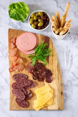 Meze tablo için şarap ya da bira ile sosis, kurutulmuş et ve peynir, grisini, otlar ve zeytin ile servis. Seçici odak.