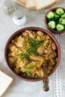 Bazı Avrupa ülkelerinin geleneksel bir yemek lahana, diğer sebze ve et yapılmış bigos biridir. Seçici odak.