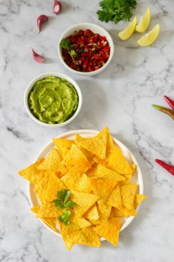 Geleneksel Meksika çerez cips Guakamole, pico de gallo veya salsa sos ile servis. Seçici odak.