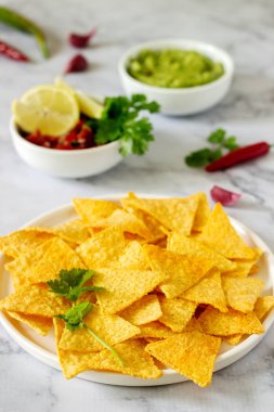 Geleneksel Meksika çerez cips Guakamole, pico de gallo veya salsa sos ile servis. Seçici odak.