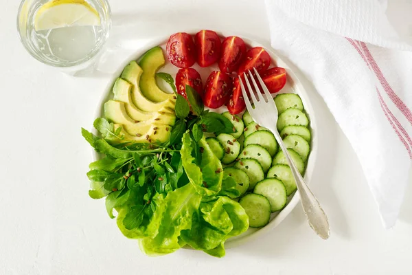 Vegetable Salad Avocado Flax Seeds Light Background Vegan Food Selective — Stock Photo, Image
