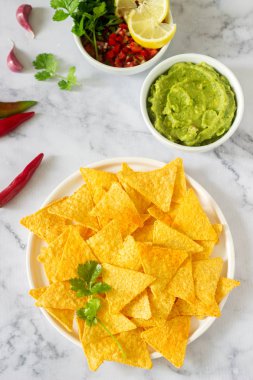Geleneksel Meksika çerez cips Guakamole, pico de gallo veya salsa sos ile servis. Seçici odak.
