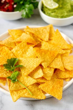 Geleneksel Meksika çerez cips Guakamole, pico de gallo veya salsa sos ile servis. Seçici odak.