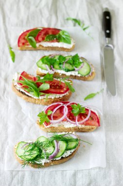 Bruschetta veya sandviç krem peynir, domates, salatalık ile Yeşiller ile dekore edilmiştir. Seçici odak