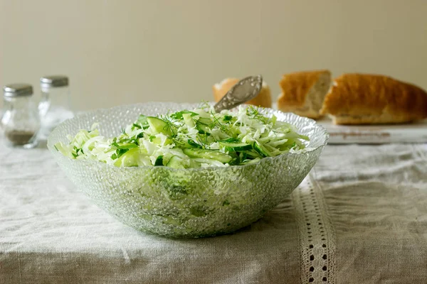 Vegetable Salad Fresh Cabbage Cucumber Onion Parsley Dill Rustic Style — Stock Photo, Image