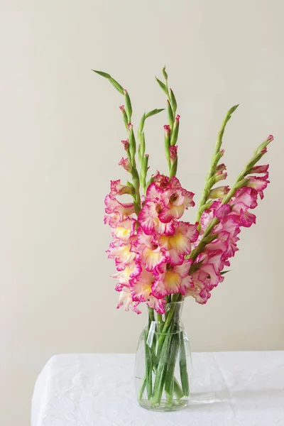 Bouquet Gladioli Multicolori Vaso Vetro Fondo Chiaro Biglietto Auguri Attenzione — Foto Stock