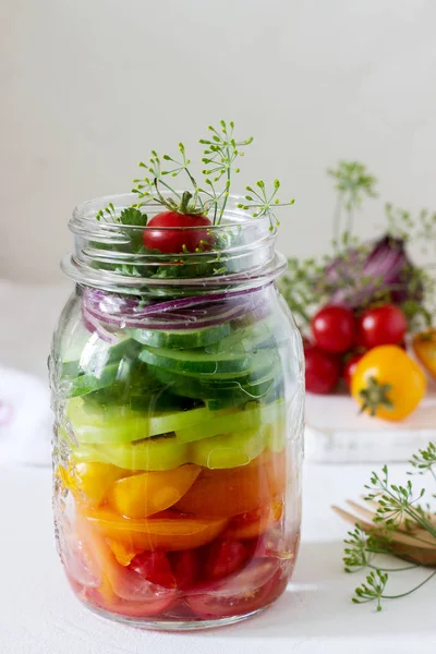 Salad Vegetables Herbs Glass Jar Fresh Vegetables Table Selective Focus — Stock Photo, Image