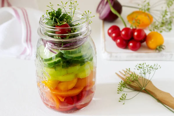 Salad Vegetables Herbs Glass Jar Fresh Vegetables Table Selective Focus — Stock Photo, Image