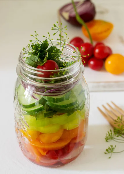 Salad Vegetables Herbs Glass Jar Fresh Vegetables Table Selective Focus — Stock Photo, Image