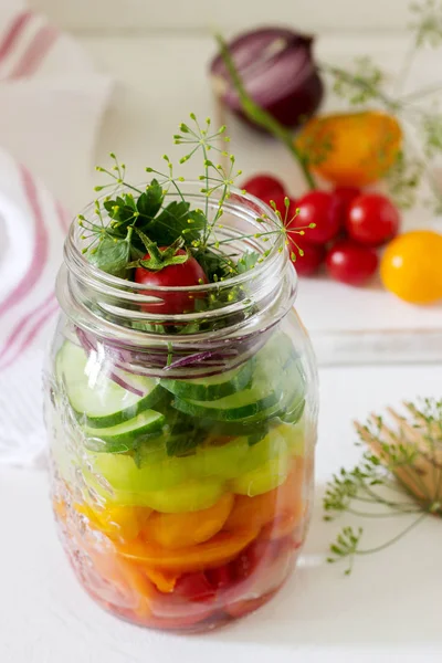 Salad Vegetables Herbs Glass Jar Fresh Vegetables Table Selective Focus — Stock Photo, Image