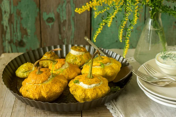 Pattypan Squash Pumpkins Stuffed Ricotta Basil Dill Served Sour Cream — Stock Photo, Image