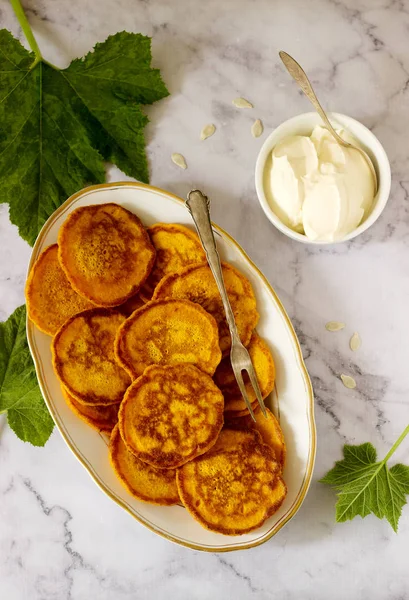Homemade Pumpkin Pancakes Served Sour Cream Light Background Selective Focus — Stock Photo, Image