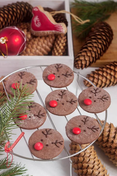 Biscuiți Festivi Ciocolată Sub Forma Unui Cerb Rudolph Nas Roșu — Fotografie, imagine de stoc
