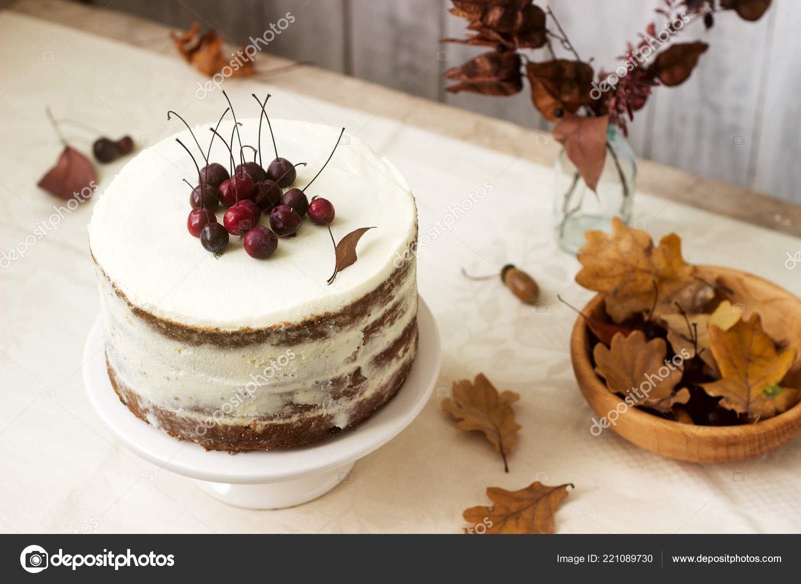 Apple Cake Cream Decorated Small Apples Background Autumn