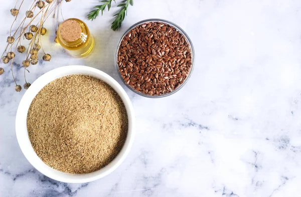 Flax Seeds Flax Flour Oil Sprouts Flax Seed Boxes Light — Stock Photo, Image