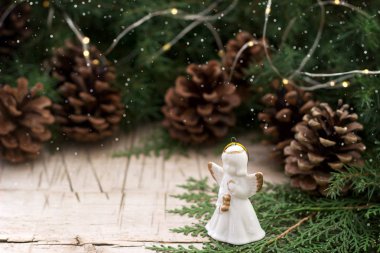 Ardıç ve Mazı (bitki) ve Noel oyuncaklar ahşap arka plan üzerinde dalları ile kış kompozisyon. Rustik tarzı.