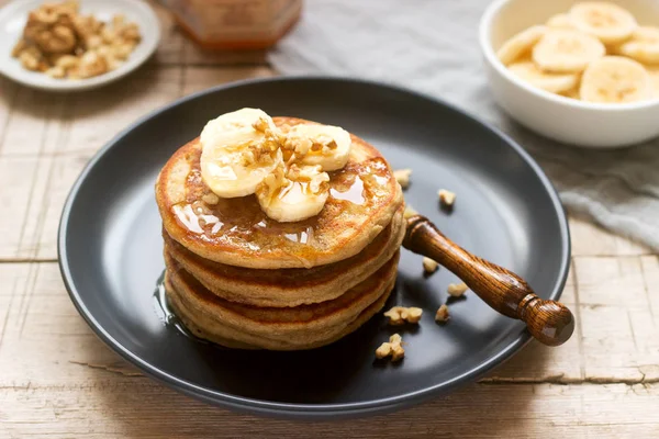 Pancakes Banana Nuts Honey Served Tea Rustic Style Selective Focus — Stock Photo, Image