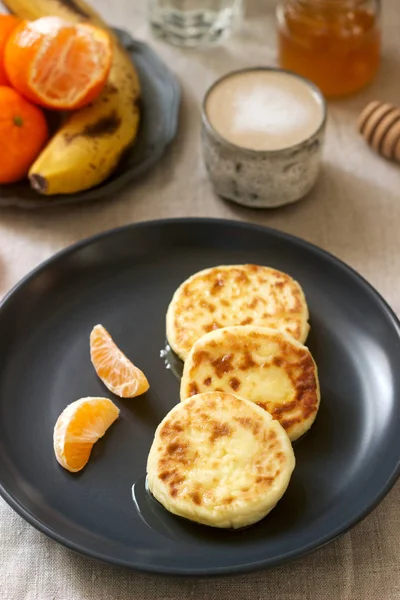 Vegetarian Breakfast Quark Pancakes Honey Fruit Coffee Milk Rustic Style — Stock Photo, Image