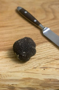 Ahşap bir masa üzerinde mantar siyah trüf. Temmuz 2018'de Moldova'da bulundu.