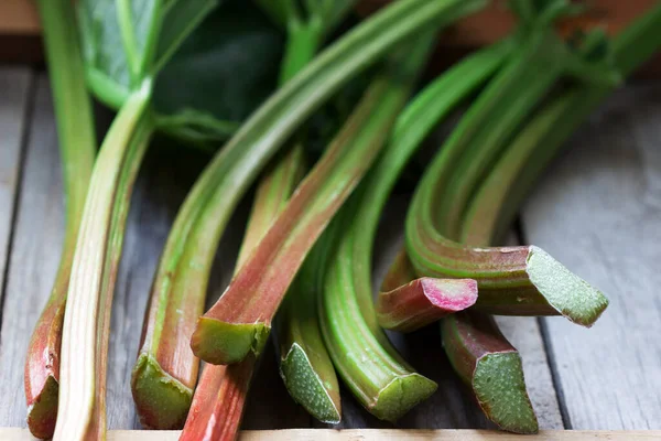 Stems Leaves Rhubarb Wooden Background Selective Focus — Stock Photo, Image