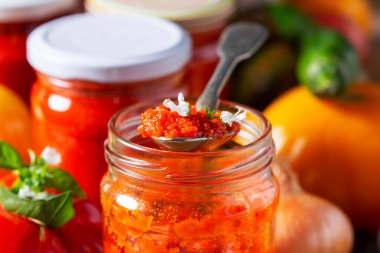 Sıcak domates sosu, adjika, salsa, passata veya marinara. Etle servis yapmak ya da diğer yemekleri pişirmek için konserve sebze sosu. Seçici odak.