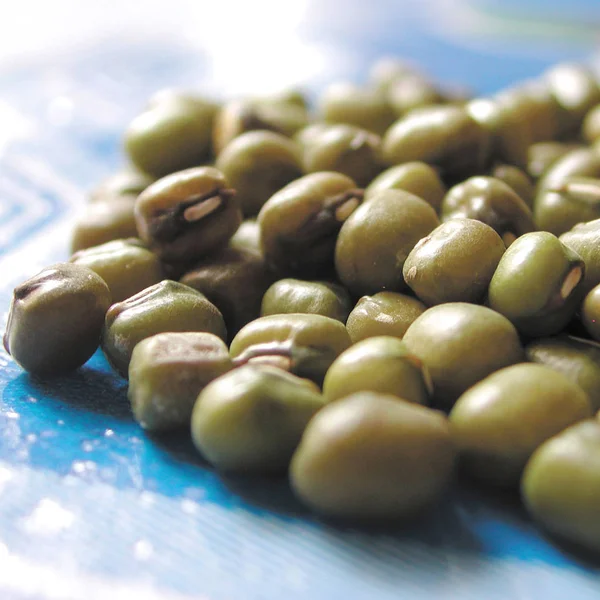 Soy Beans Close Blue Table — Stock Photo, Image