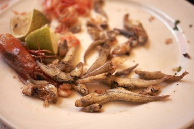 Çeşitli kızarmış deniz ürünleri artıkları yakın