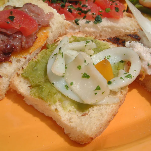 Assorted Starters Bruschetta Omelettes — Stock Photo, Image