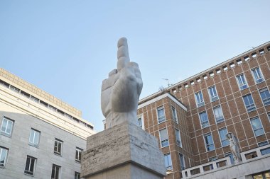 Milan, Italy - December 05, 2017 : Maurizio Cattelan sculpture 'L.O.V.E.'