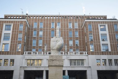 Milan, Italy - December 05, 2017 : Maurizio Cattelan sculpture 'L.O.V.E.'