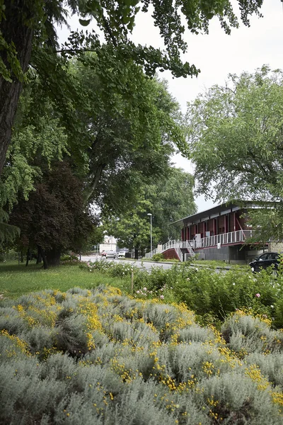 Treviso, İtalya - 29 Mayıs 2018: Treviso tren istasyonunun önündeki bahçe