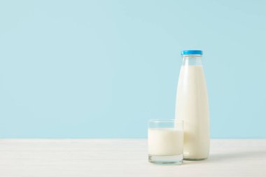 closeup image of milk bottle and milk glass on blue background  clipart