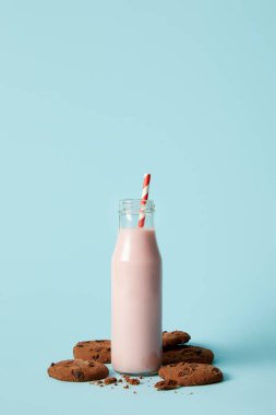 mavi zemin üzerine çikolata kurabiye çevrili saman içme ile şişe çilekli milkshake closeup görünümü 