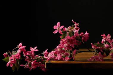 yakın çekim çekim üzerinde ahşap masa üstü yalan pembe kiraz çiçeği