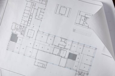 view from above of architectural blueprint on white paper  clipart
