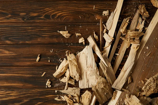 Elevated View Wooden Chips Pieces Brown Tabletop — Stock Photo, Image