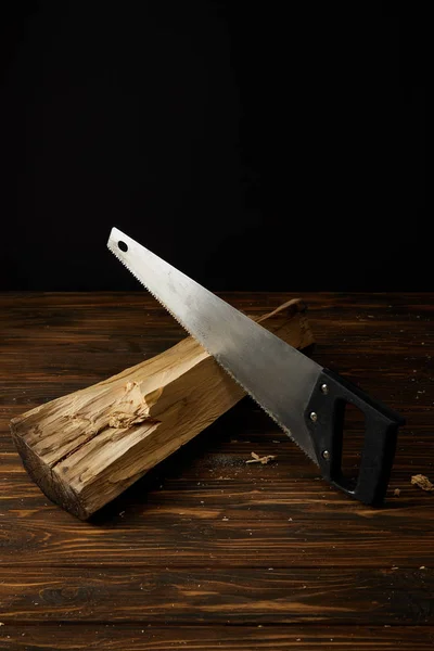Handsaw Log Table Black Background — Stock Photo, Image