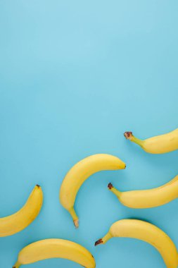 top view of arranged fresh bananas isolated on blue clipart
