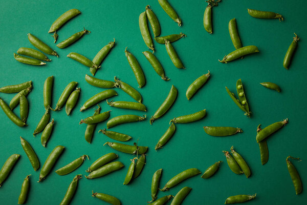 top view of pea pods spilled on green surface